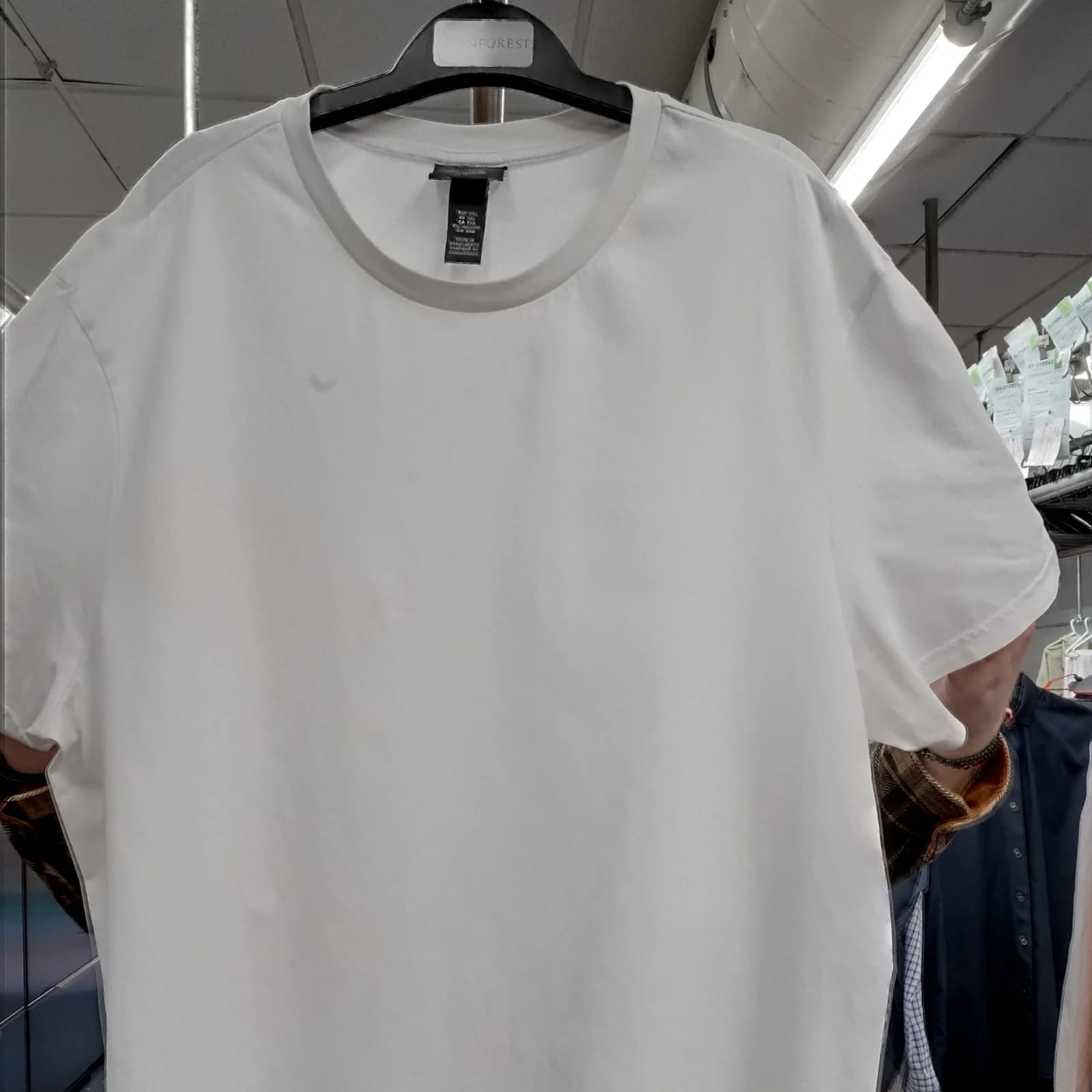 White crew-neck T-shirt on a hanger, after Glenforest's care