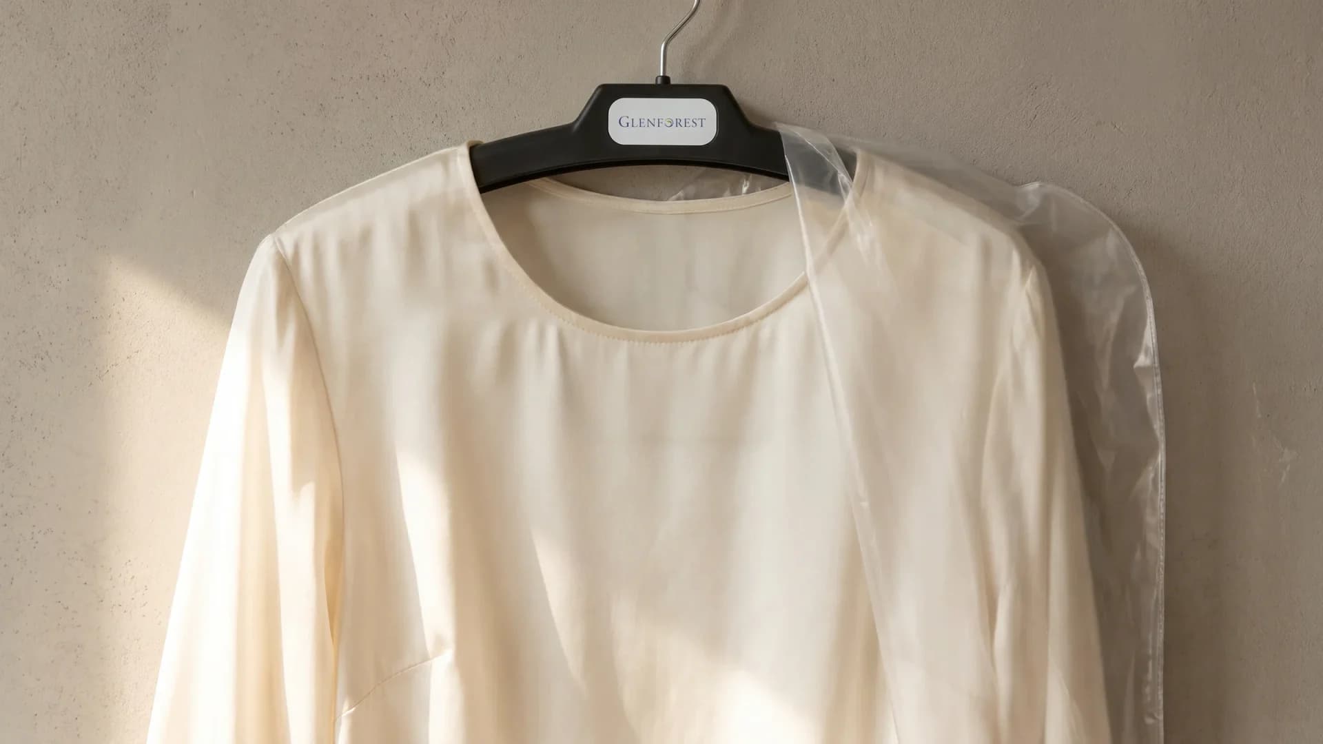 An ivory silk blouse on a black hanger with a Glenforest label, half covered by a clear garment cover